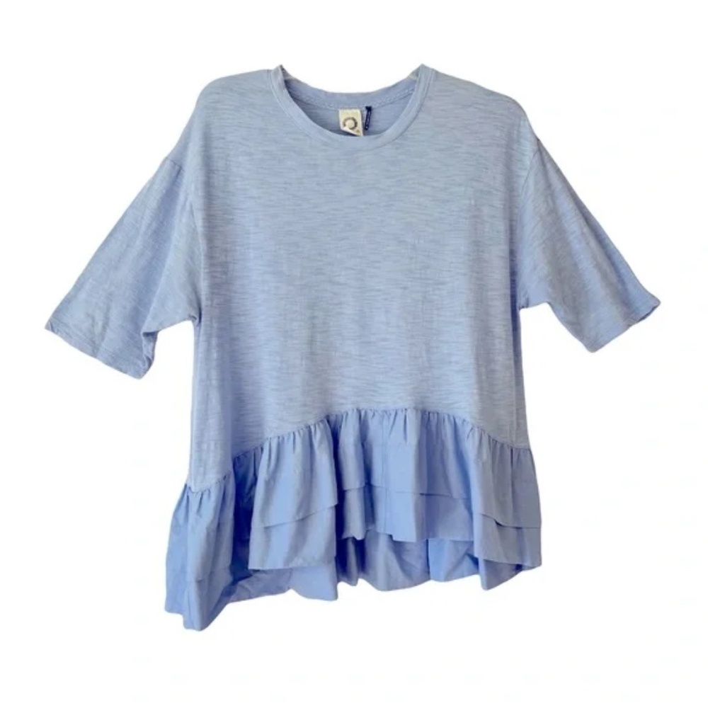 Anthropologie Akemi+Kin | Blue Oversized Ruffled Peplum Mixed Media Top, XS